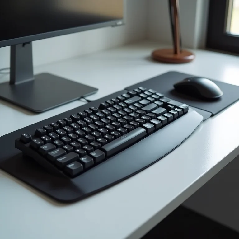 Teclado e mouse ergonômicos em setup minimalista