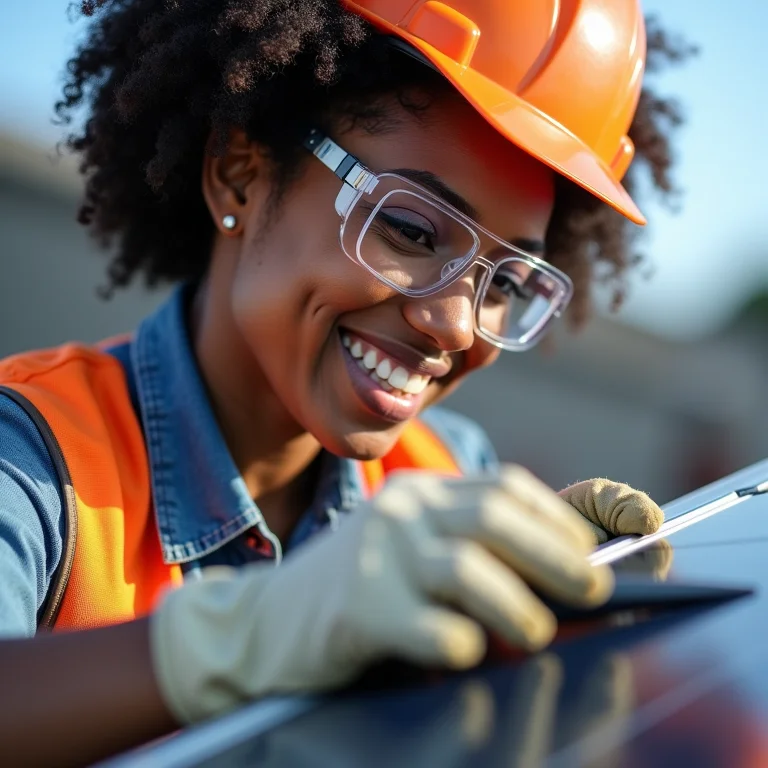 Técnica inspecionando painéis solares com equipamento de segurança.