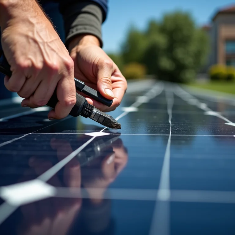 Técnico reparando painel solar danificado.