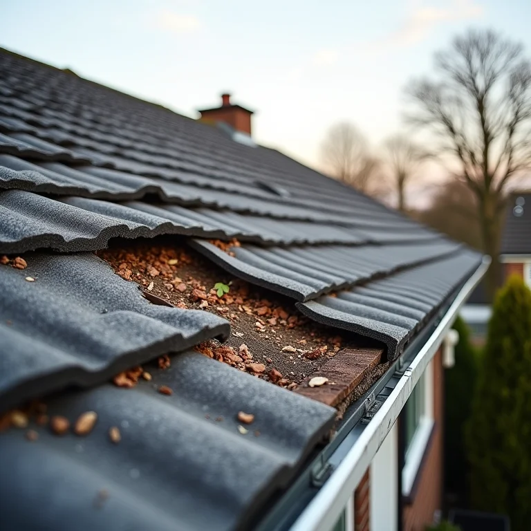 Telhado de amianto com danos visíveis necessitando de avaliação.