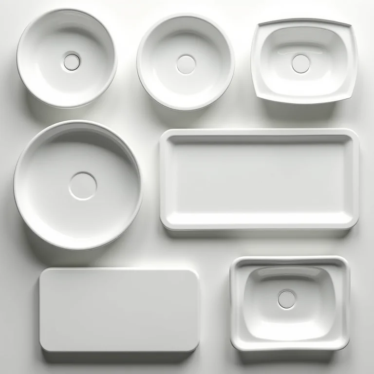 Tipos diferentes de bacias plásticas: redonda, quadrada e retangular.