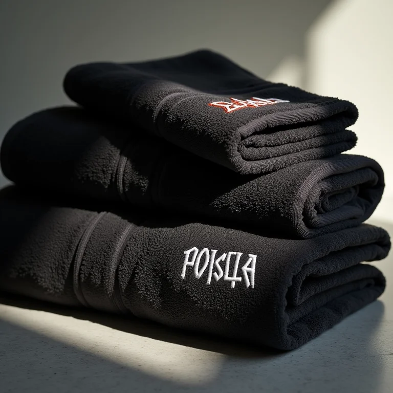 Toalhas pretas e roupão cinza com estampas de rock em banheiro.