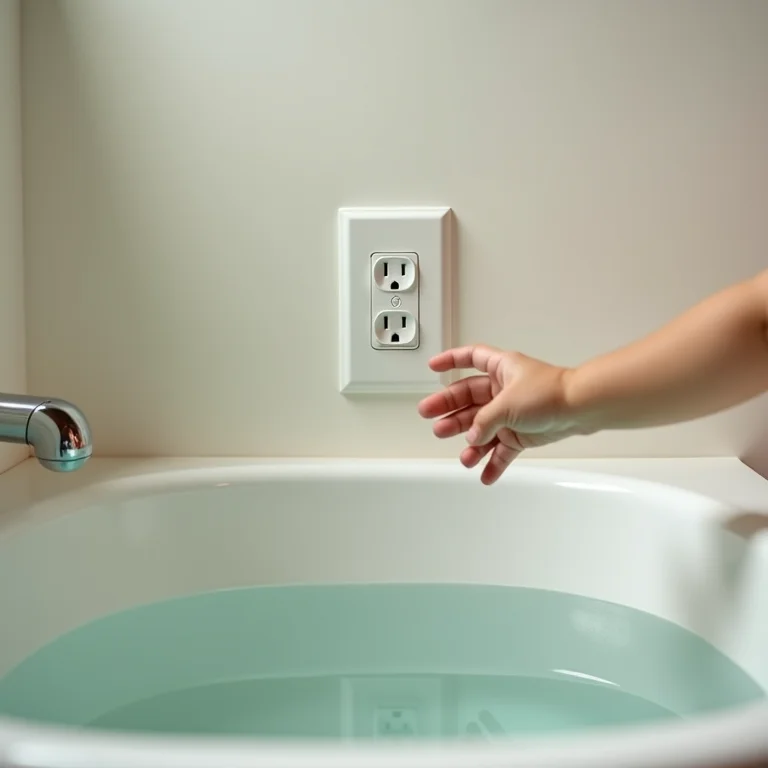 Tomada comum ao alcance de criança perto da banheira