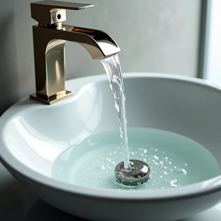 Torneira cascata despejando água em cuba de apoio moderna.