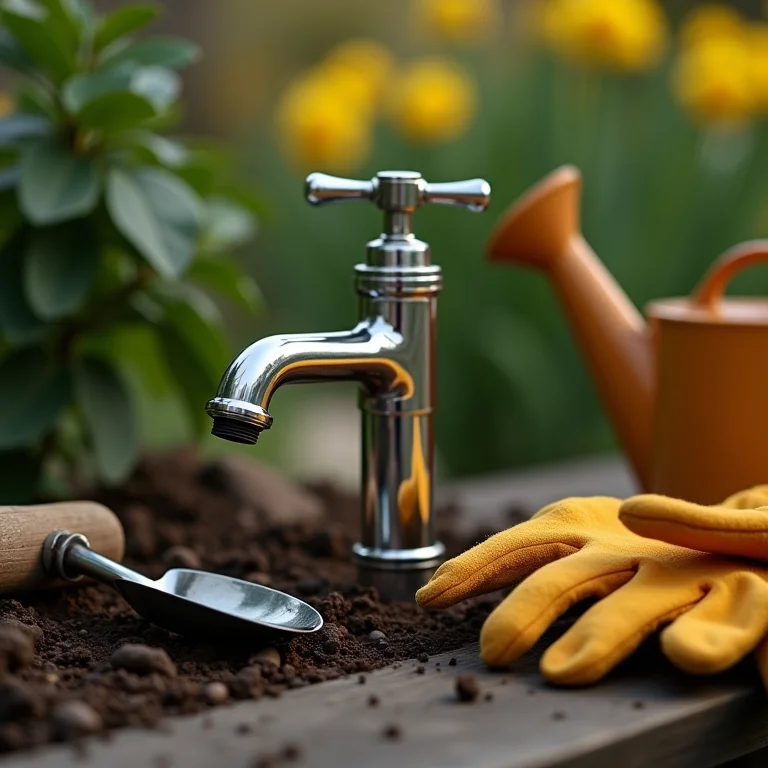 Torneira de jardim cercada por ferramentas de jardinagem.