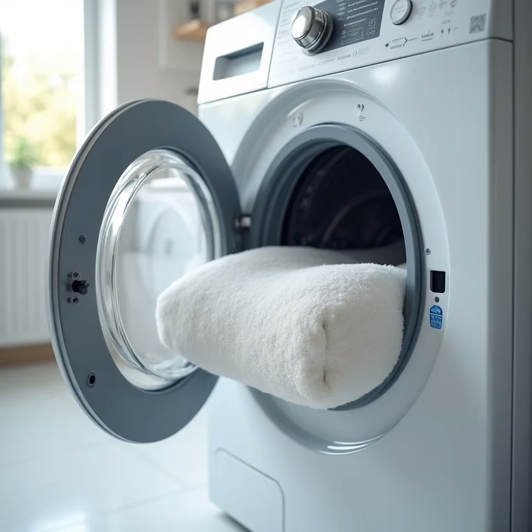 Travesseiro de fibra sintética dentro de uma máquina de lavar.