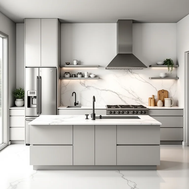 Triângulo de trabalho em cozinha moderna com bancada de mármore