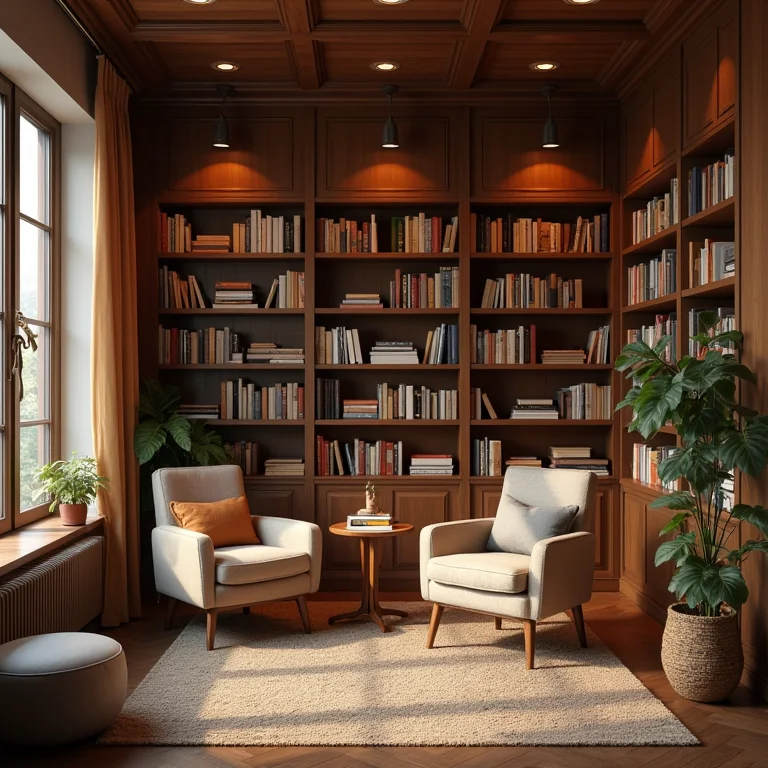 Um recanto de leitura aconchegante com iluminação suave e uma seleção de livros.
