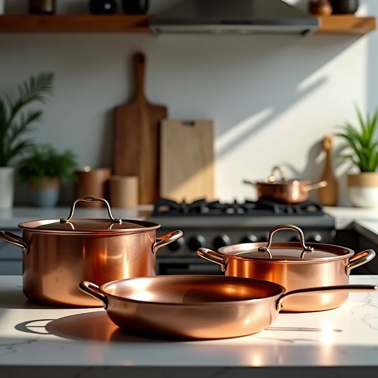 Utensílios de cobre expostos em uma cozinha moderna.