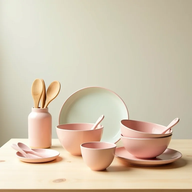 Utensílios de cozinha retrô em tons pastel sobre mesa de madeira clara