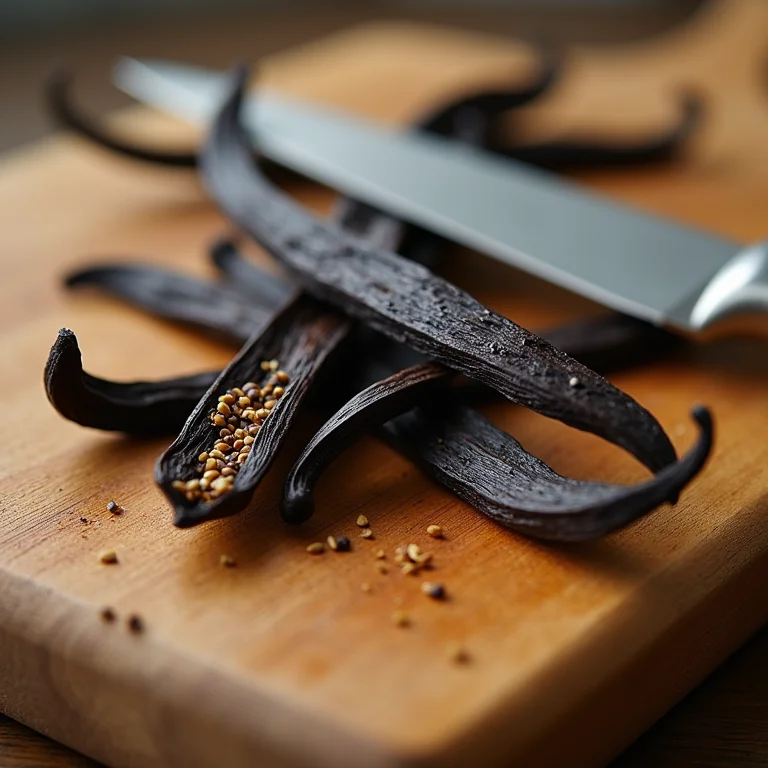 Vagens de baunilha cortadas mostrando as sementes