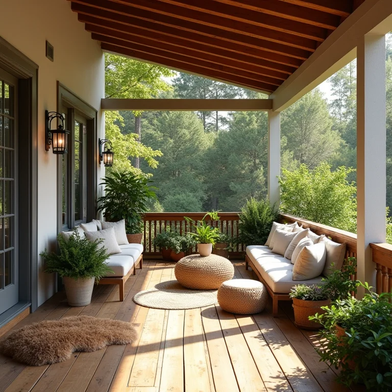 Varanda aconchegante com piso de madeira e decoração charmosa.