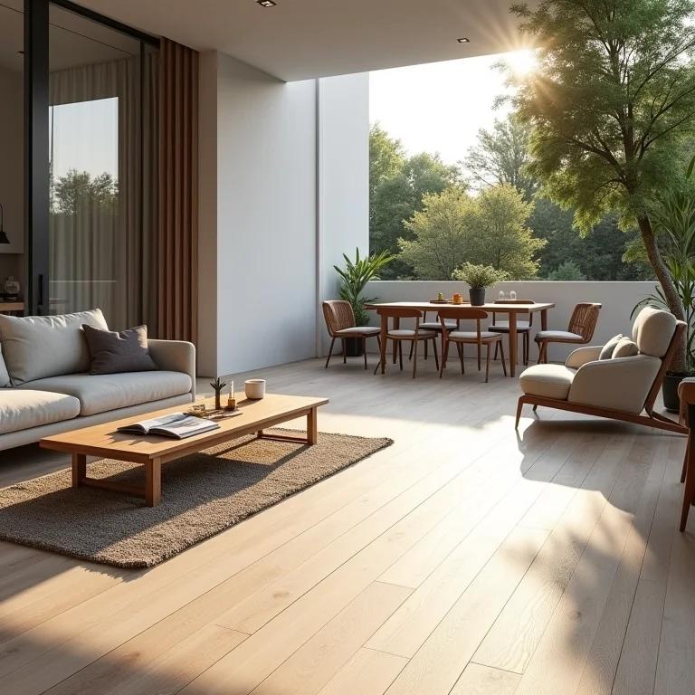 Varanda gourmet minimalista com piso que imita madeira e decoração clean.