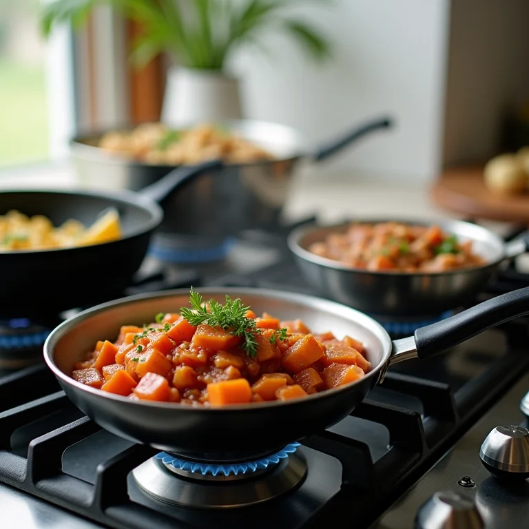 Várias panelas no fogão para cozinhar diversos pratos e economizar gás