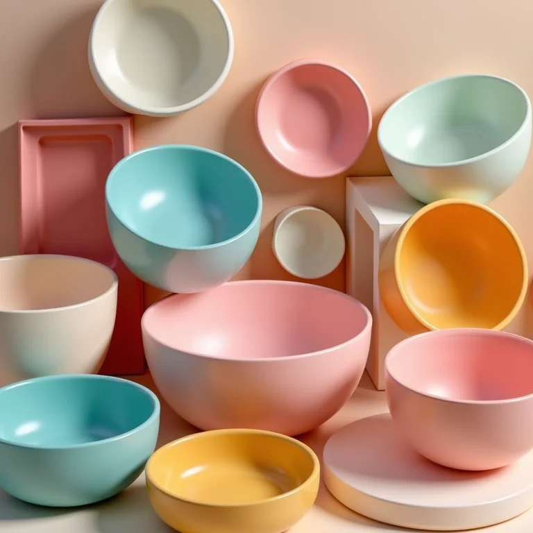 Variedade de bacias plásticas de diferentes tamanhos e cores, dispostas de forma criativa.