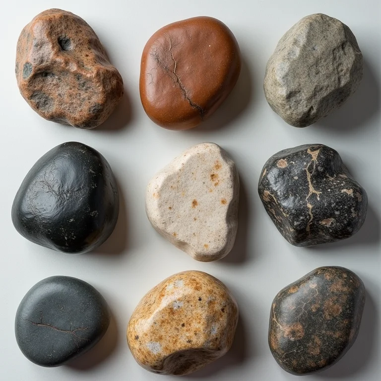 Variedade de pedras naturais com diferentes texturas e cores.
