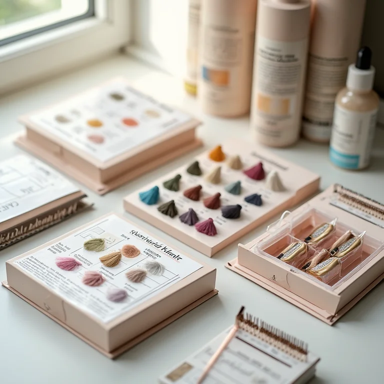 Variedade de tintas de cabelo com diferentes cores e acessórios.