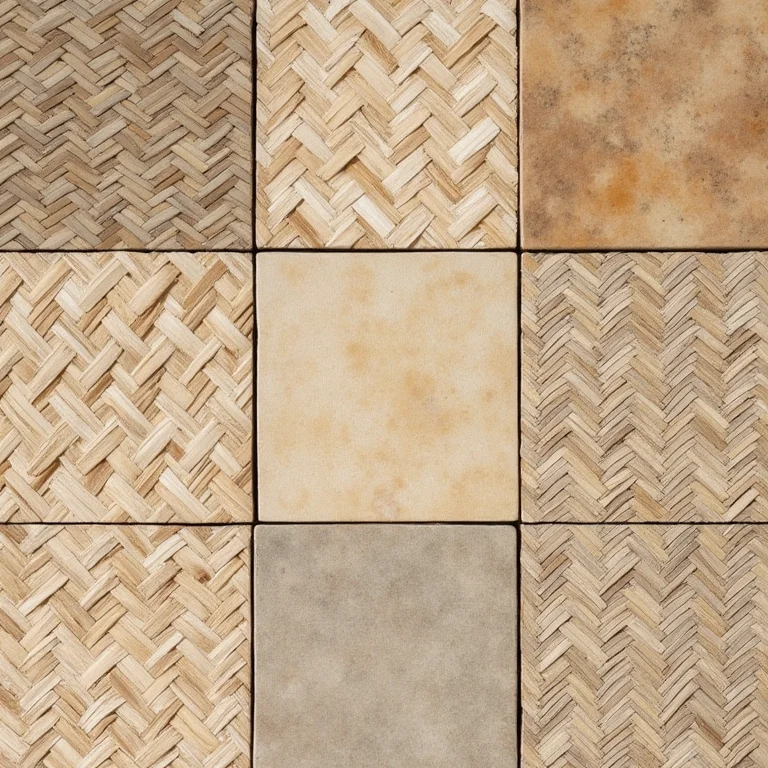 Variedade de tipos de pisos de pastilha de coco com diferentes padrões e texturas.