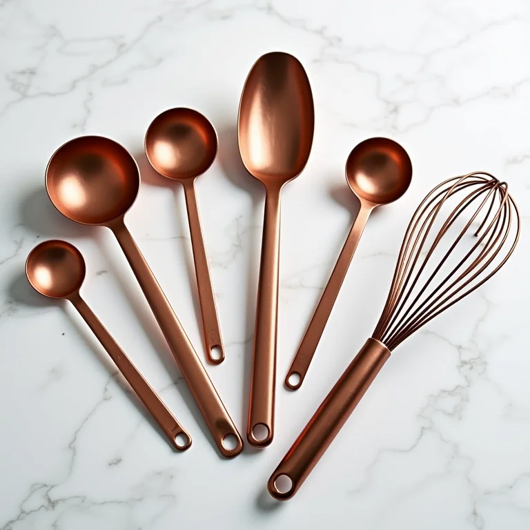 Variedade de utensílios de cobre em uma superfície de mármore.