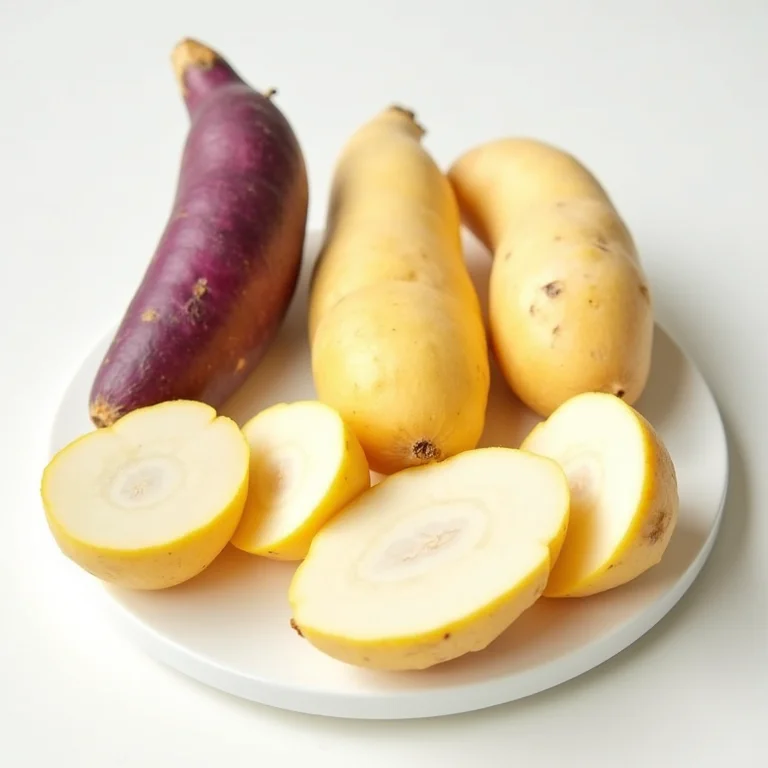 Variedades de aipim com polpas coloridas em fundo branco