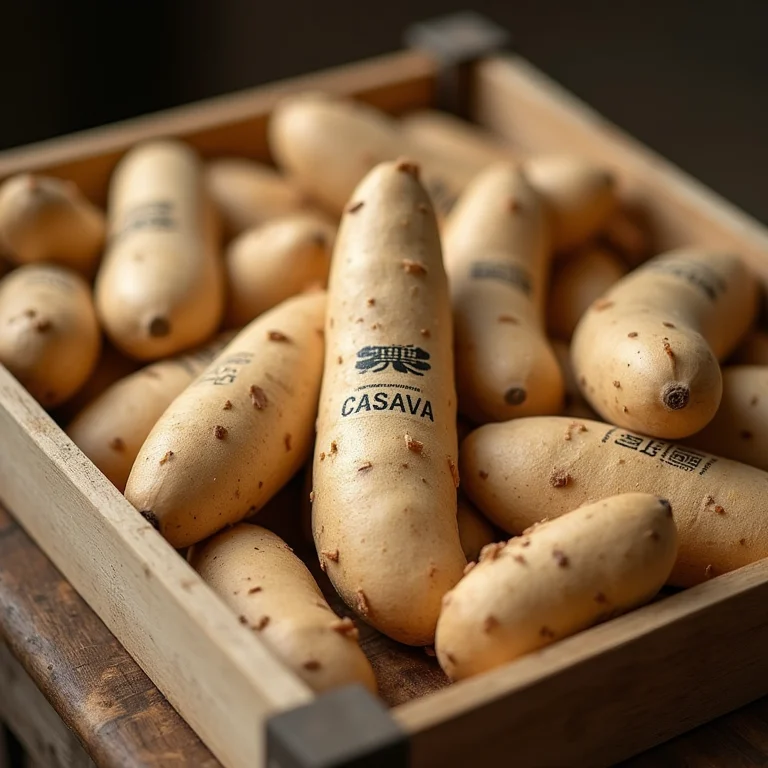 Variedades de aipim identificadas em caixa de madeira