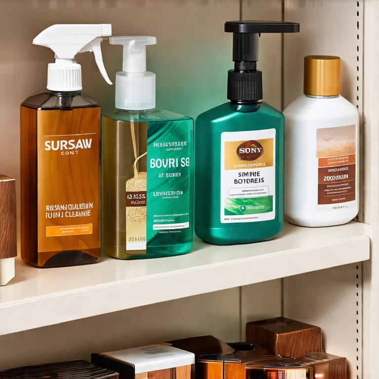 Vários produtos de limpeza em uma prateleira, com rótulos claramente visíveis, demonstrando as diferentes superfícies que limpam, mostrando os melhores produtos para higienizar diferentes superfícies.