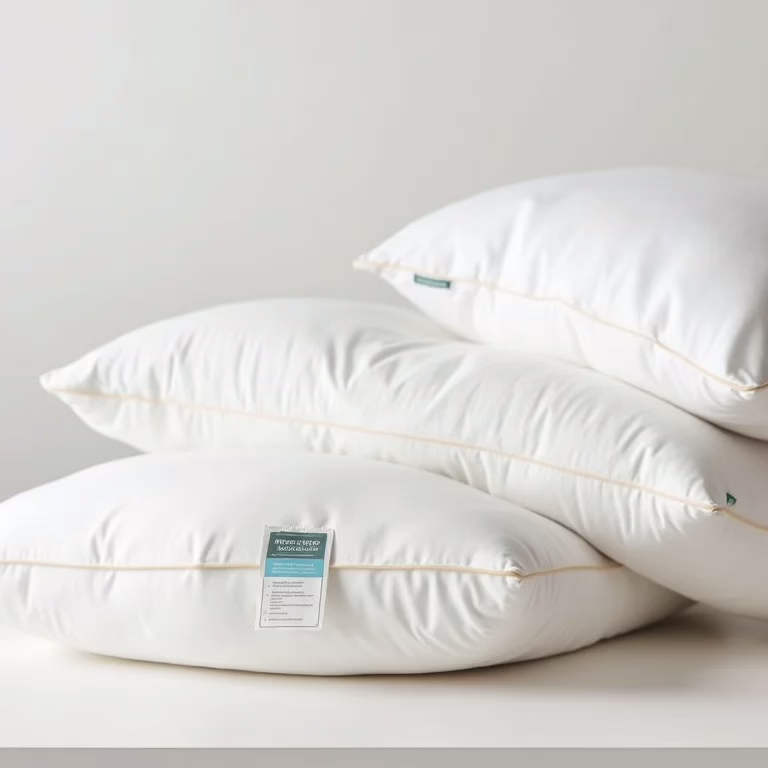 Vários tipos de travesseiros com etiquetas de instrução.