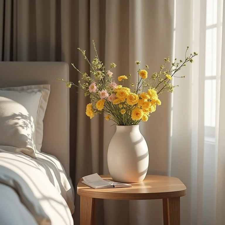 Vaso decorativo com flores em quarto moderno