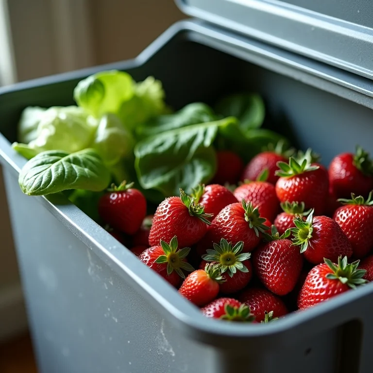 Vegetais e frutas estragadas sendo descartadas perto de um freezer organizado