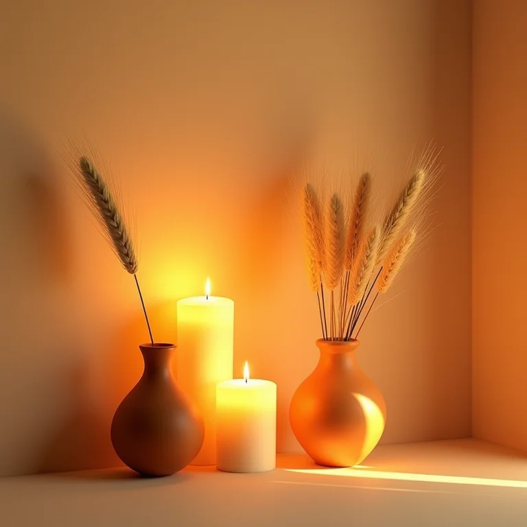 Velas e vaso de terracota criando uma atmosfera acolhedora.