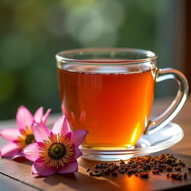 Xícara de chá de passiflora com flores frescas e ervas secas.