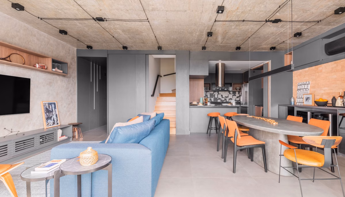 Azul Acinzentado e Concreto Aparente: Elegância Industrial - ideia