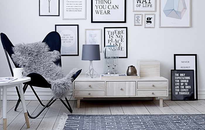 Decoração Escandinava com Detalhes em Preto e Branco e Cesto de Vime - detalhe