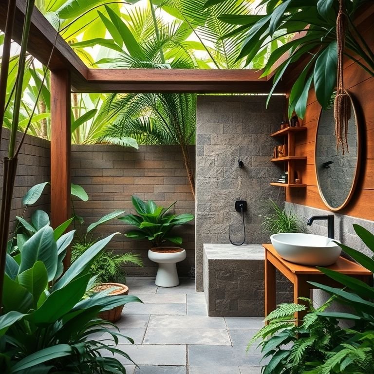 Banheiro Tropical: Plantas, Cores Vibrantes e Revestimento que Imita Palha - detalhe