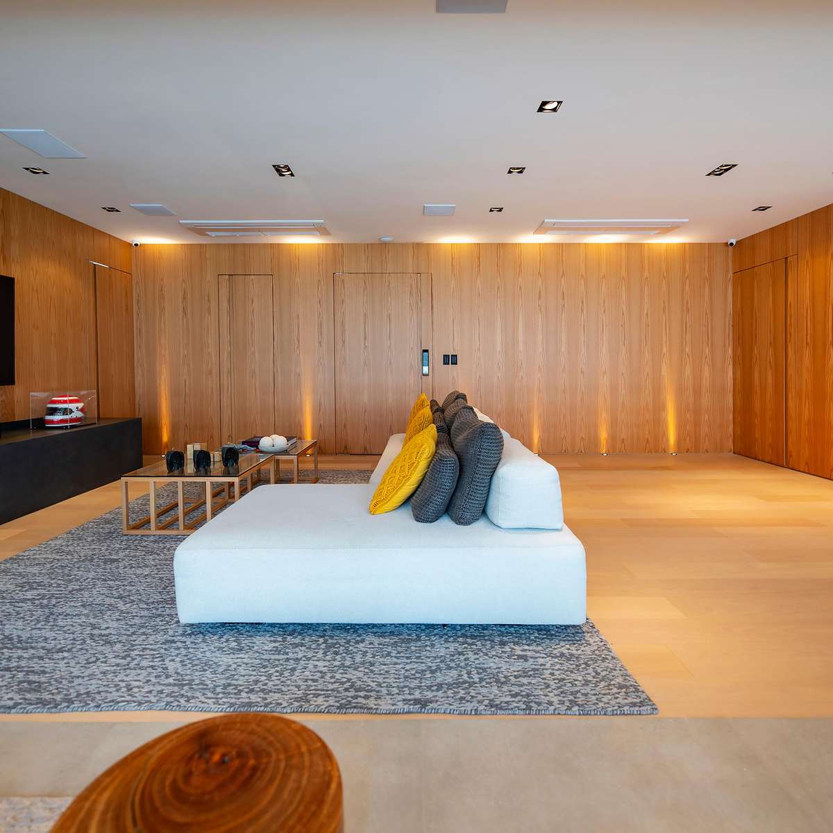 Luz e Sombra: Sala de TV com Luminárias de Piso e Abajures - ideia