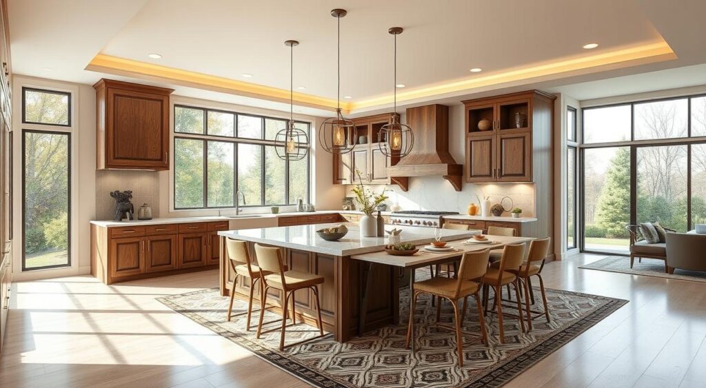 Com Ilha Multifuncional e Mesa com Bancos: Convivência Descontraída - inspiração