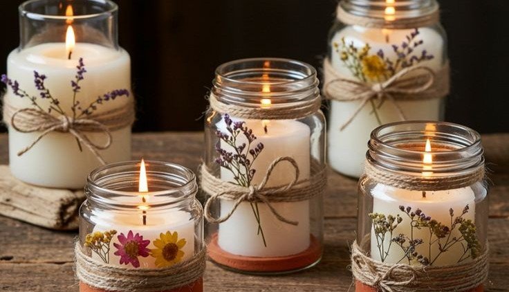 Potes de Vidro Enfeitados com Barbante e Conchas: Clima de Praia - ideia