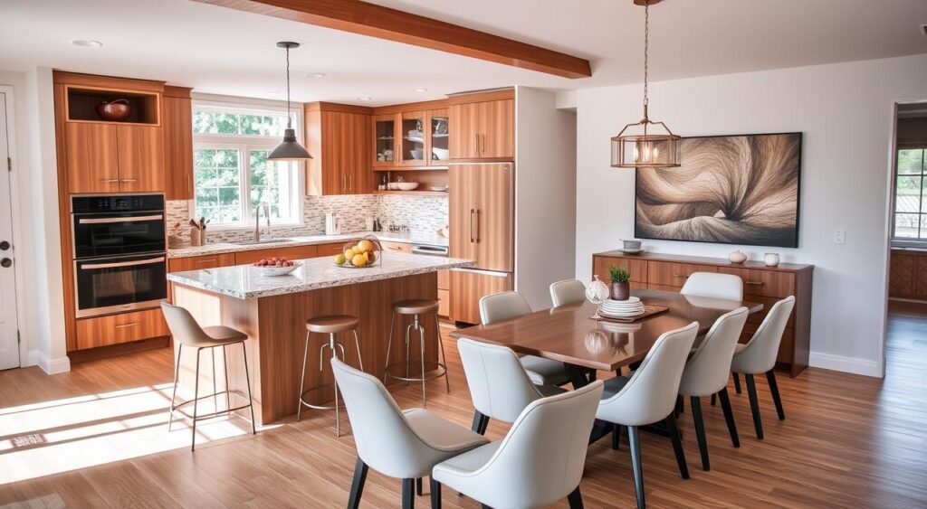 Com Ilha Multifuncional e Mesa com Bancos: Convivência Descontraída - ideia