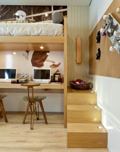 Quarto com Cama Suspensa e Espaço Otimizado para Home Office - detalhe