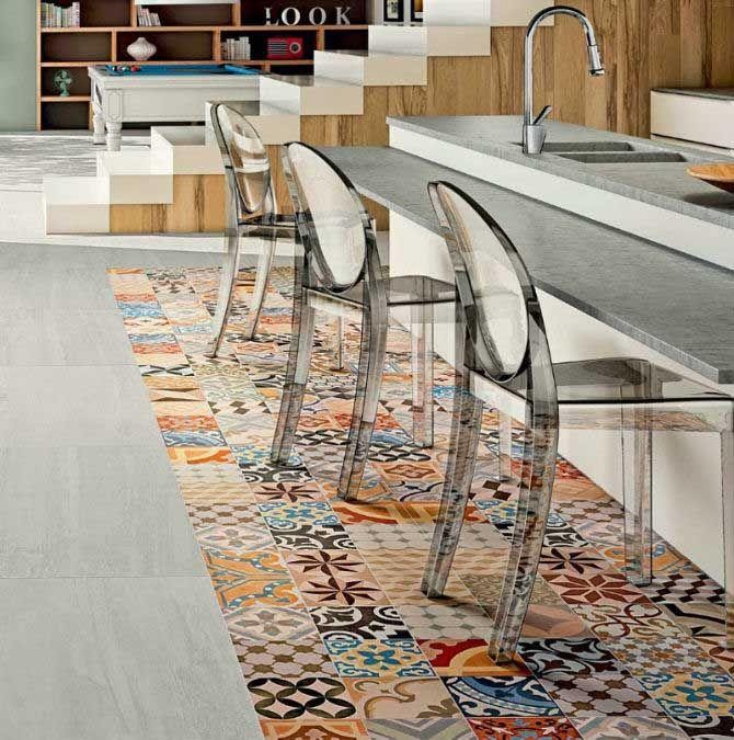 Piso Antiderrapante Vinílico que Imita Ladrilho Hidráulico em Cozinhas Cheias de Charme - detalhe