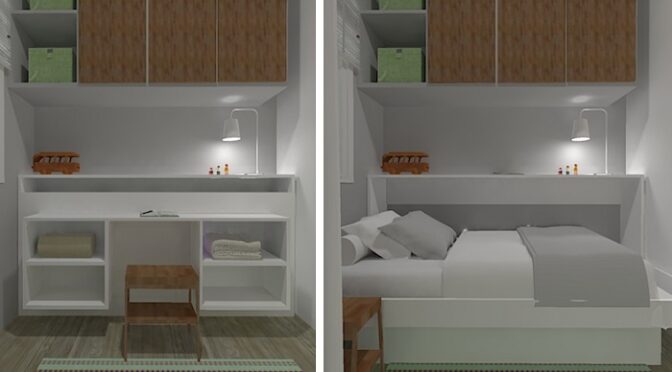Quarto 2x2 com Cama Suspensa e Espaço de Estudo Integrado - detalhe