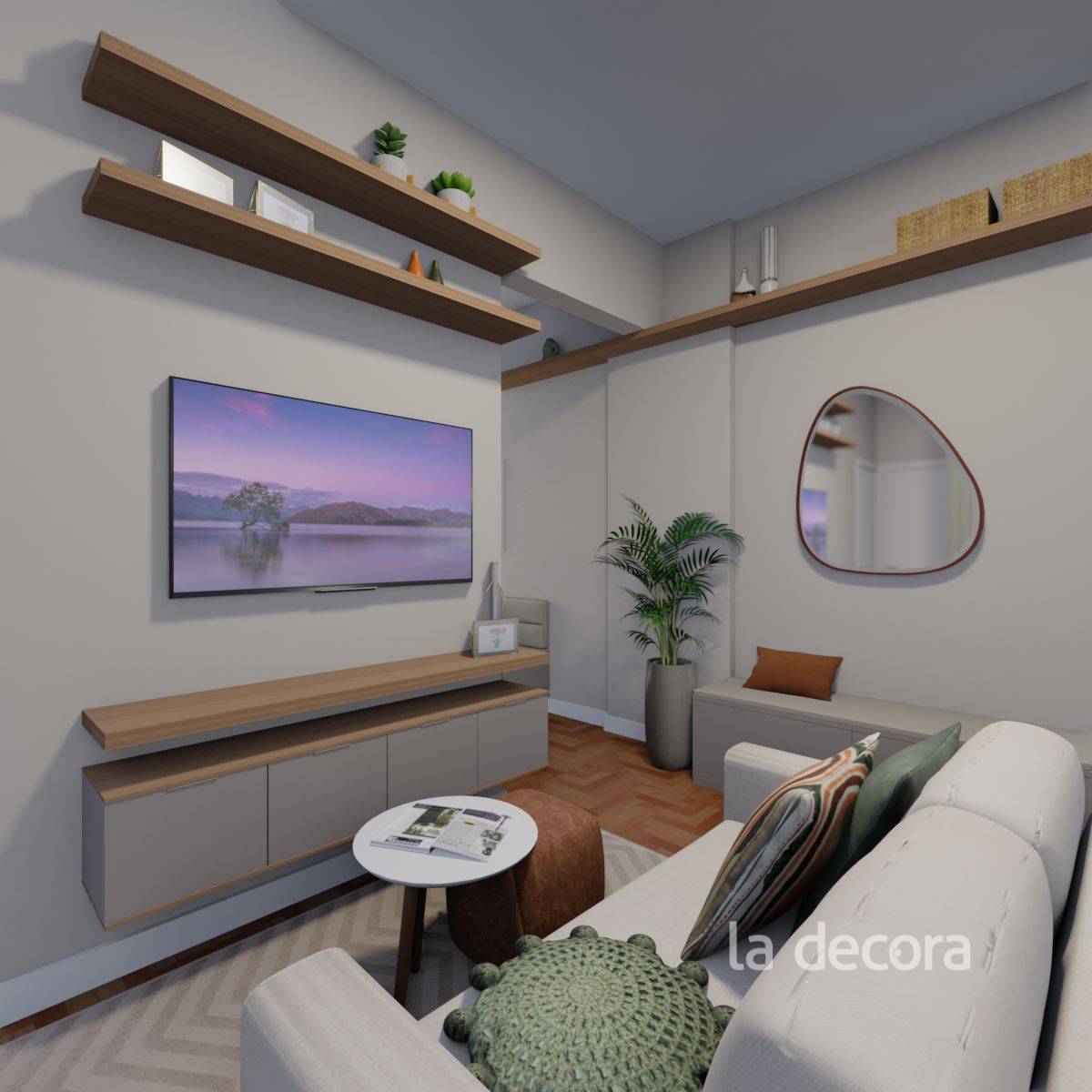 Maximizando Espaços Pequenos com Espelhos e Prateleiras Flutuantes - detalhe