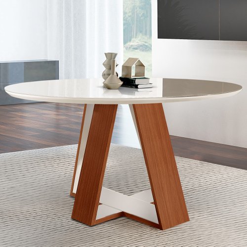 Com tampo de vidro e base de madeira clara: leveza e modernidade - detalhe