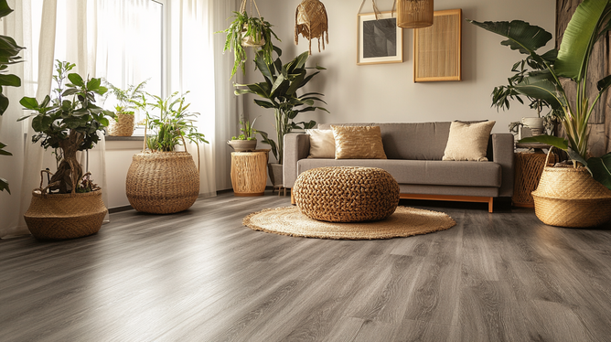 Piso Flutuante Cinza com Decoração Minimalista: Sofisticação Urbana - ideia