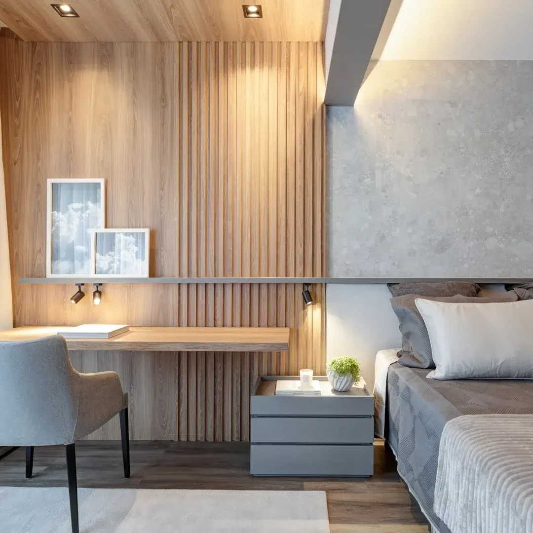 Quarto de Casal com Escritório Iluminado: Priorizando a Luz Natural e Luminárias Aconchegantes - detalhe