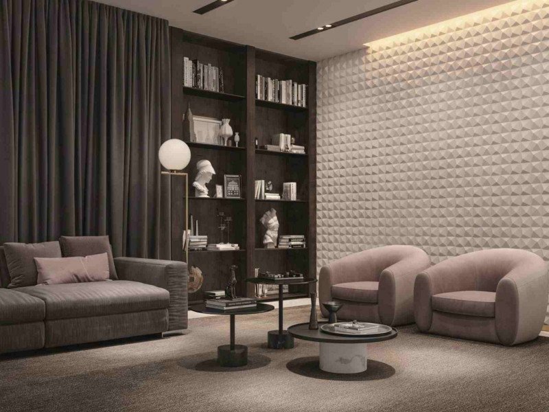 Elegância Minimalista: Revestimento 3D com Iluminação Estratégica - detalhe