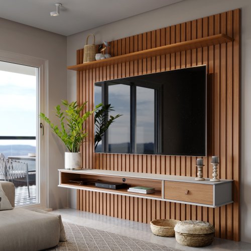 Painel Ripado com Plantas Suspenses: Natureza Integrada à Sala - detalhe