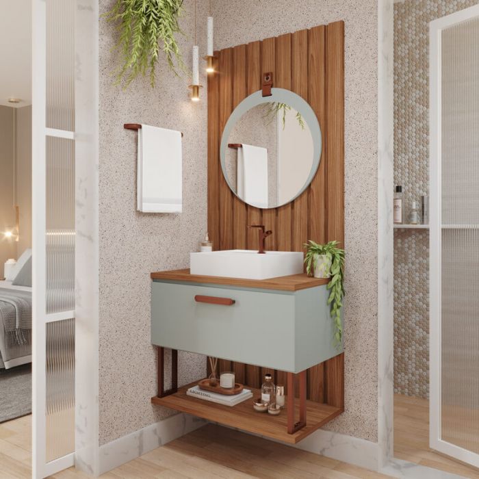 Armário de Banheiro Pequeno com Pintura Geométrica e Puxadores Divertidos: Personalidade Marcante! - ideia