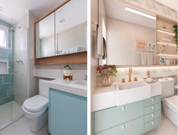 Armário de Banheiro Pequeno com Pintura Geométrica e Puxadores Divertidos: Personalidade Marcante! - inspiração