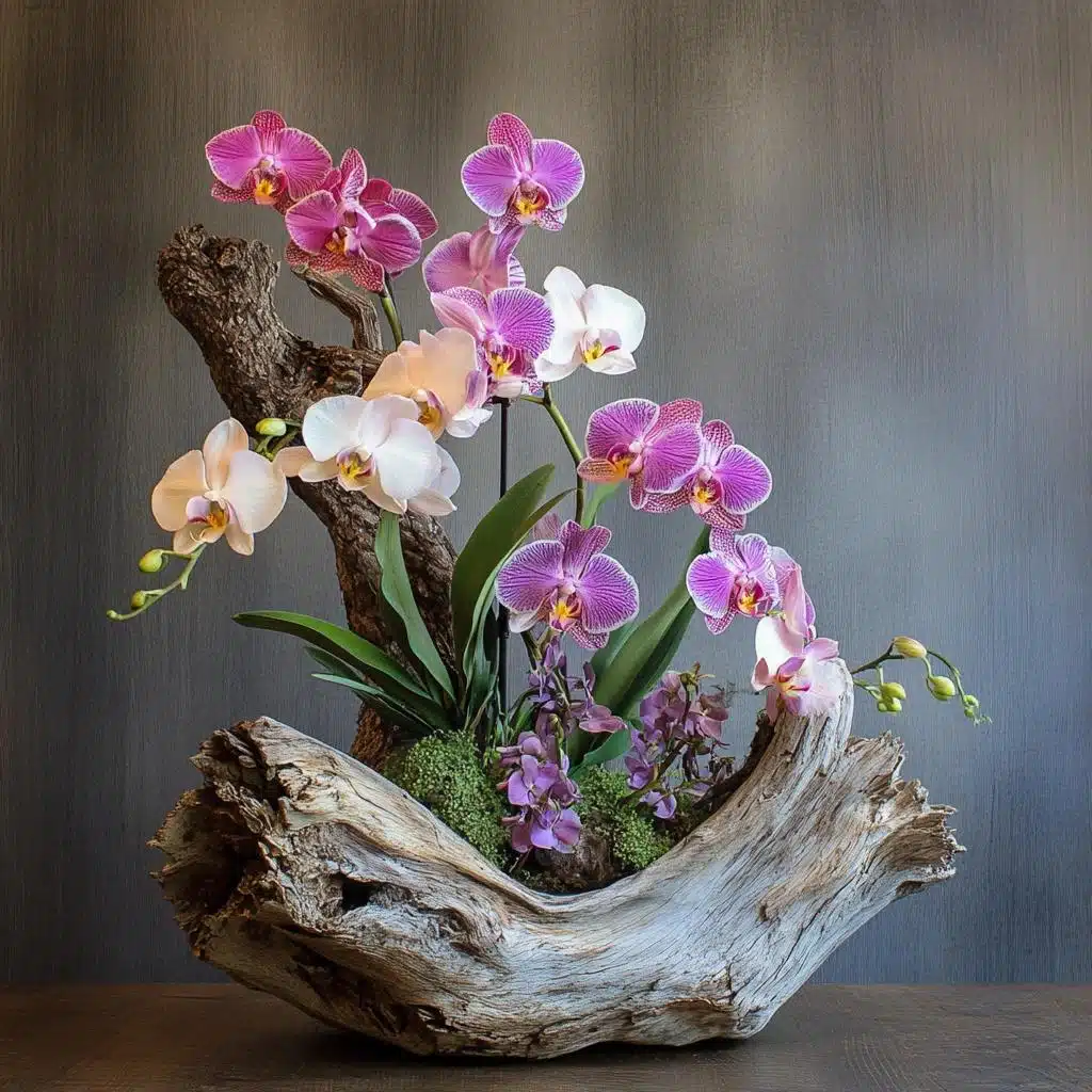 Orquídeas em Troncos Rústicos de Madeira: Natureza em Casa - detalhe